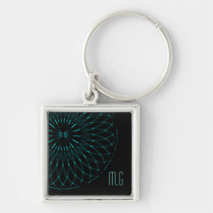 Abstract Blue Geometric Graphic Black Monogram Keychain