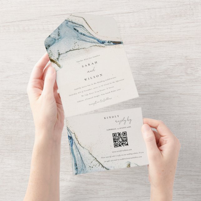 Abstract Blue Gold Beachy Wedding QR Code All In One Invitation (Tearaway)