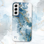 Abstract Blue/Gold Glitter Alcohol Ink Monogram Samsung Galaxy Case<br><div class="desc">Customize this unique and elegant design featuring shades of light and dark alcohol ink splatters with gold faux glitter veins. Includes two-initial monogram text fields.</div>