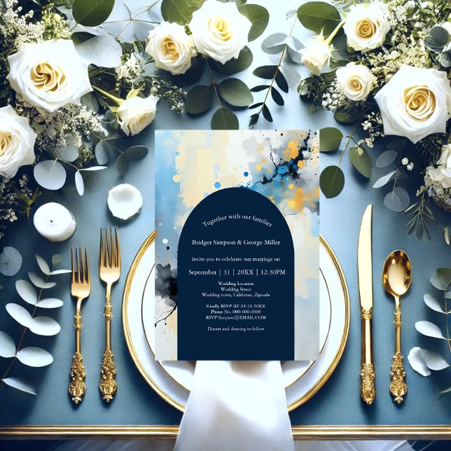 Abstract Blue & Gold Ink Splatter Artwork wedding Invitation (Creator Uploaded)