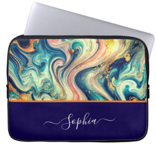  abstract  blue&gold  swirls - add name  laptop sleeve