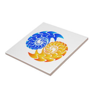 Abstract Blue Gold Yin Yang Fishes Balance Tile