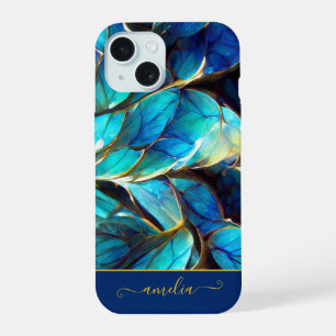 Abstract Blue Gradient Glass Fractal Monogrammed iPhone 15 Case