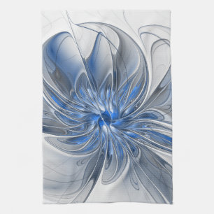 Abstract Blue Gray Watercolor Fractal Art Flower Kitchen Towel