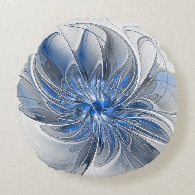 Abstract Blue Gray Watercolor Fractal Art Flower Round Pillow (Front)