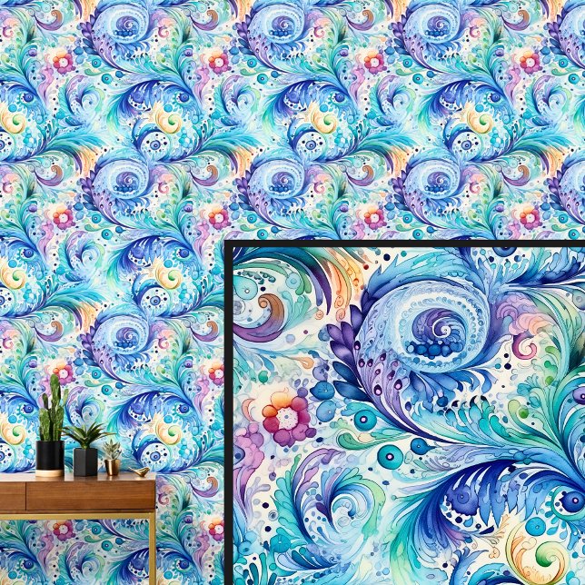 Abstract Blue Green Aqua Floral Paisley  Wallpaper (Creator Uploaded)