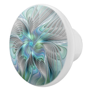 Abstract Blue Green Butterfly Fantasy Fractal Art Ceramic Knob