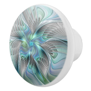 Abstract Blue Green Butterfly Fantasy Fractal Art Ceramic Knob