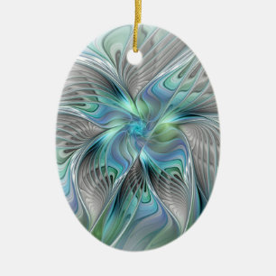 Abstract Blue Green Butterfly Fantasy Fractal Art Ceramic Ornament
