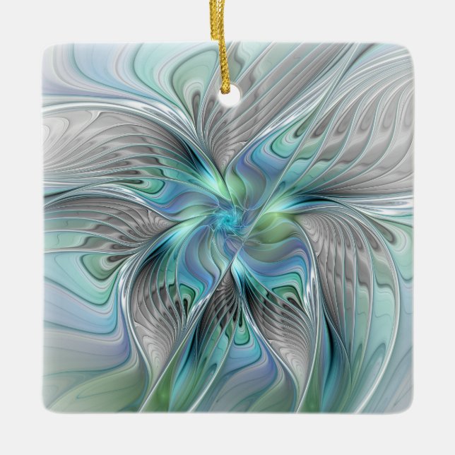 Abstract Blue Green Butterfly Fantasy Fractal Art Ceramic Ornament (Front)
