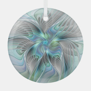 Abstract Blue Green Butterfly Fantasy Fractal Art Glass Ornament