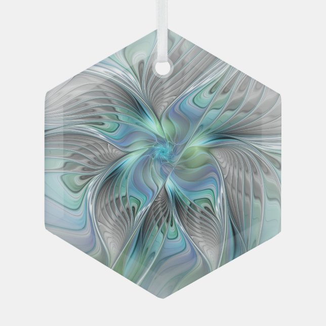 Abstract Blue Green Butterfly Fantasy Fractal Art Glass Ornament (Front)