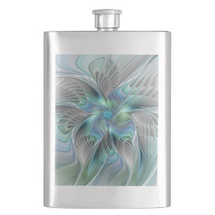 Abstract Blue Green Butterfly Fantasy Fractal Art Hip Flask