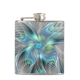 Abstract Blue Green Butterfly Fantasy Fractal Art Hip Flask