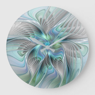 Abstract Blue Green Butterfly Fantasy Fractal Art Large Clock