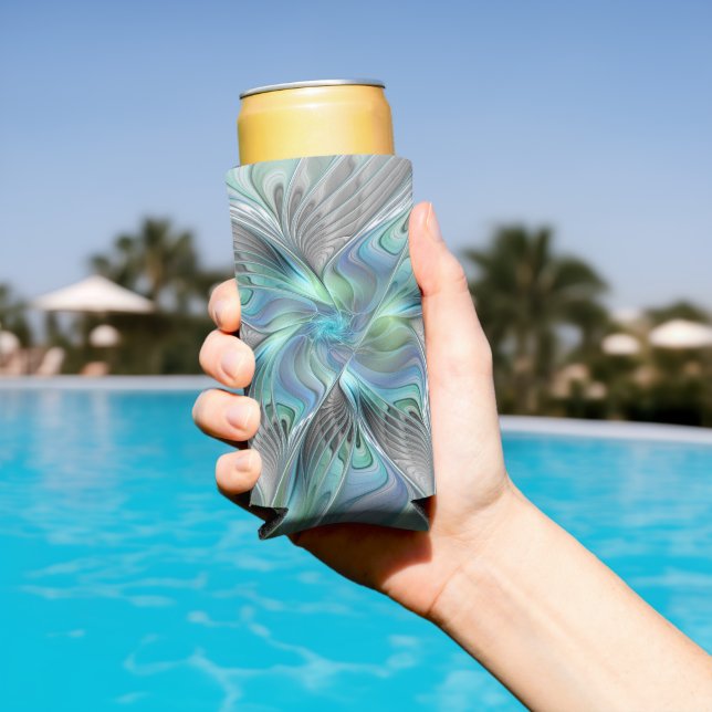 Abstract Blue Green Butterfly Fantasy Fractal Art Seltzer Can Cooler (In Situ Pool)
