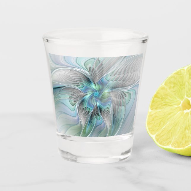 Abstract Blue Green Butterfly Fantasy Fractal Art Shot Glass (Front)