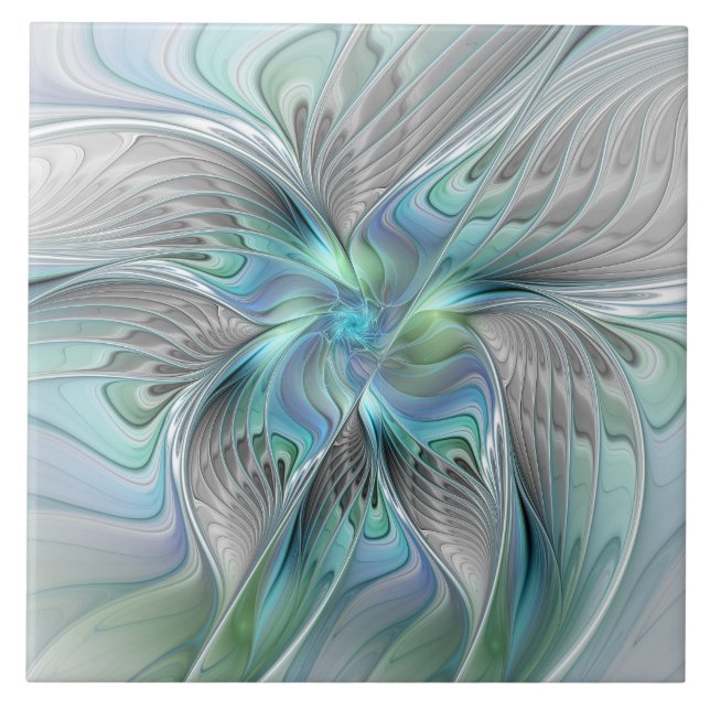 Abstract Blue Green Butterfly Fantasy Fractal Art Tile (Front)