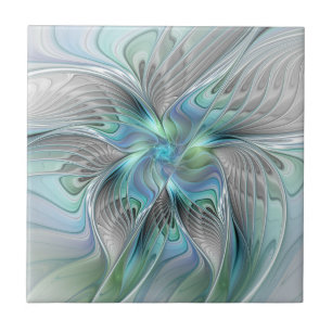 Abstract Blue Green Butterfly Fantasy Fractal Art Tile