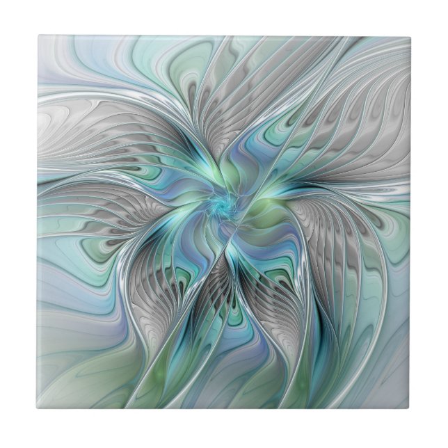 Abstract Blue Green Butterfly Fantasy Fractal Art Tile (Front)