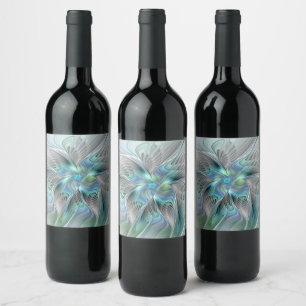 Abstract Blue Green Butterfly Fantasy Fractal Art Wine Label