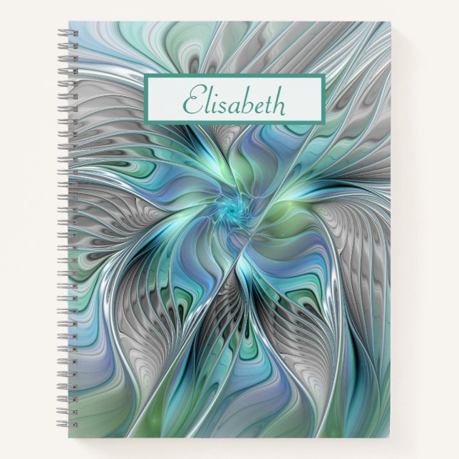 Abstract Blue Green Butterfly Fantasy Fractal Name Notebook (Front)