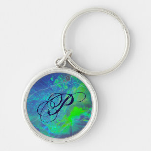 ABSTRACT BLUE GREEN OPAL PHOTO MONOGRAM KEYCHAIN