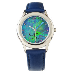 ABSTRACT BLUE GREEN OPAL PHOTO MONOGRAM WATCH