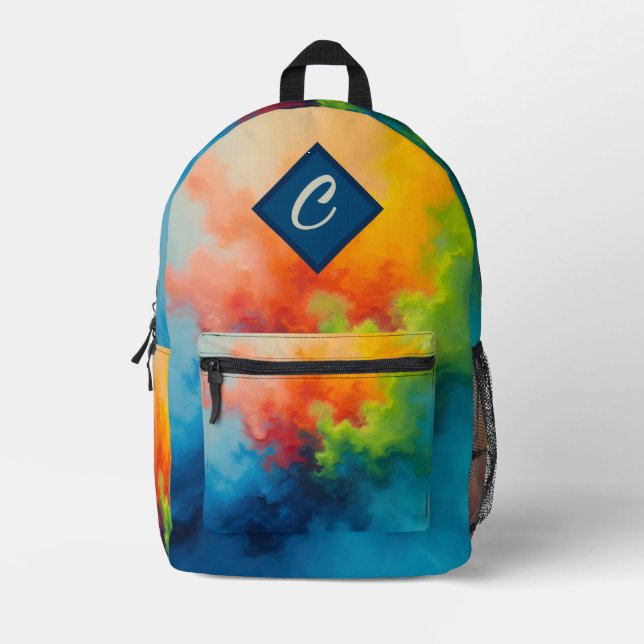 Abstract Blue Green Orange Paint Pour Printed Backpack (Front)