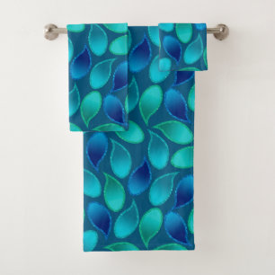 Abstract blue green teal peacock rain drop pattern bath towel set