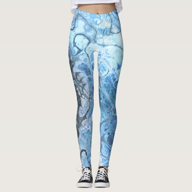 Abstract Blue & Grey Marble Ice Fluid Texture Leggings (Front)