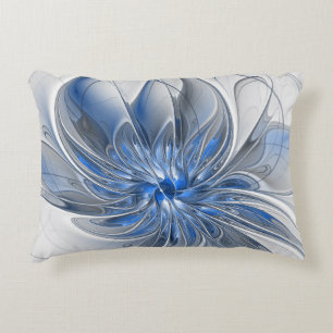 Abstract Blue Grey Watercolor Fractal Art Flower Accent Pillow