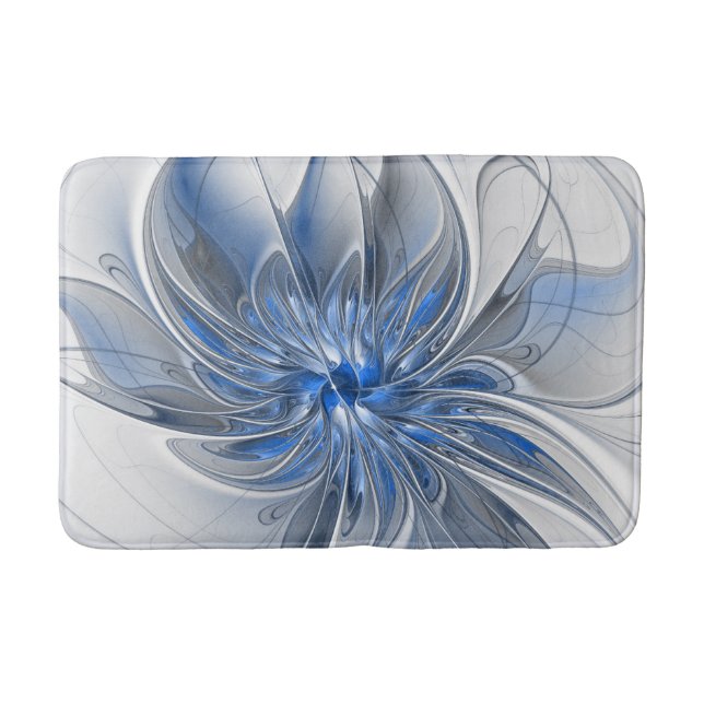 Abstract Blue Grey Watercolor Fractal Art Flower Bath Mat (Front)