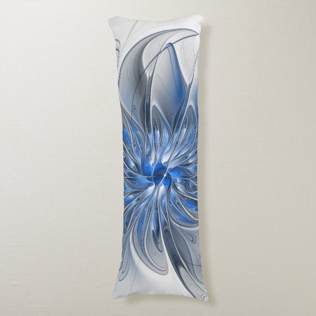 Abstract Blue Grey Watercolor Fractal Art Flower Body Pillow (Front Vertical)