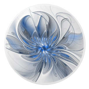 Abstract Blue Grey Watercolor Fractal Art Flower Ceramic Knob