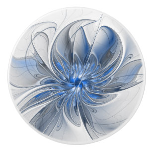 Abstract Blue Grey Watercolor Fractal Art Flower Ceramic Knob