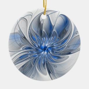 Abstract Blue Grey Watercolor Fractal Art Flower Ceramic Ornament