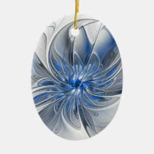 Abstract Blue Grey Watercolor Fractal Art Flower Ceramic Ornament