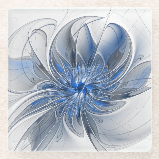 Abstract Blue Grey Watercolor Fractal Art Flower Glass Coaster (Front)