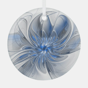 Abstract Blue Grey Watercolor Fractal Art Flower Glass Ornament