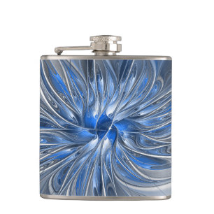 Abstract Blue Grey Watercolor Fractal Art Flower Hip Flask