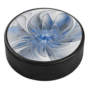 Abstract Blue Grey Watercolor Fractal Art Flower Hockey Puck