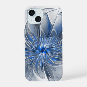 Abstract Blue Grey Watercolor Fractal Art Flower iPhone 15 Case