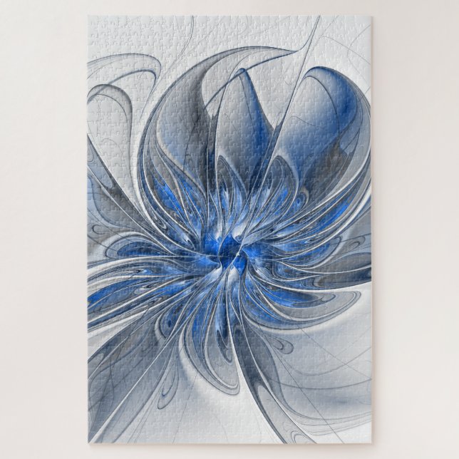 Abstract Blue Grey Watercolor Fractal Art Flower Jigsaw Puzzle (Vertical)