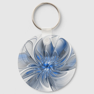 Abstract Blue Grey Watercolor Fractal Art Flower Keychain