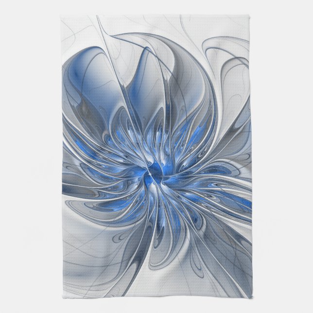 Abstract Blue Grey Watercolor Fractal Art Flower Kitchen Towel (Vertical)