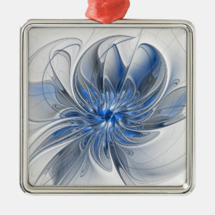 Abstract Blue Grey Watercolor Fractal Art Flower Metal Ornament