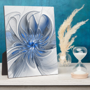 Abstract Blue Grey Watercolor Fractal Art Flower Plaque