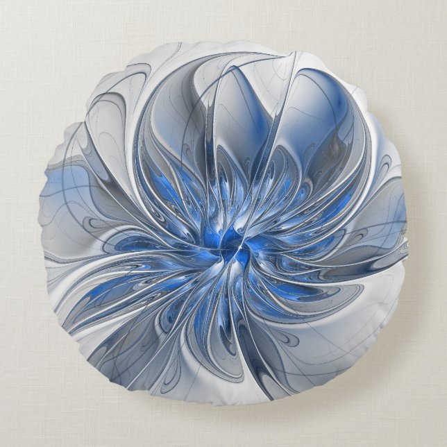 Abstract Blue Grey Watercolor Fractal Art Flower Round Pillow (Front)