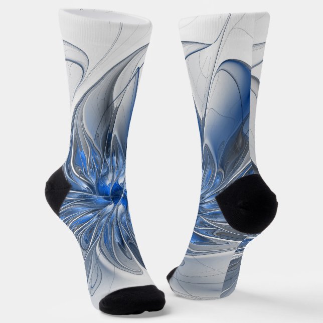 Abstract Blue Grey Watercolor Fractal Art Flower Socks (Angled)